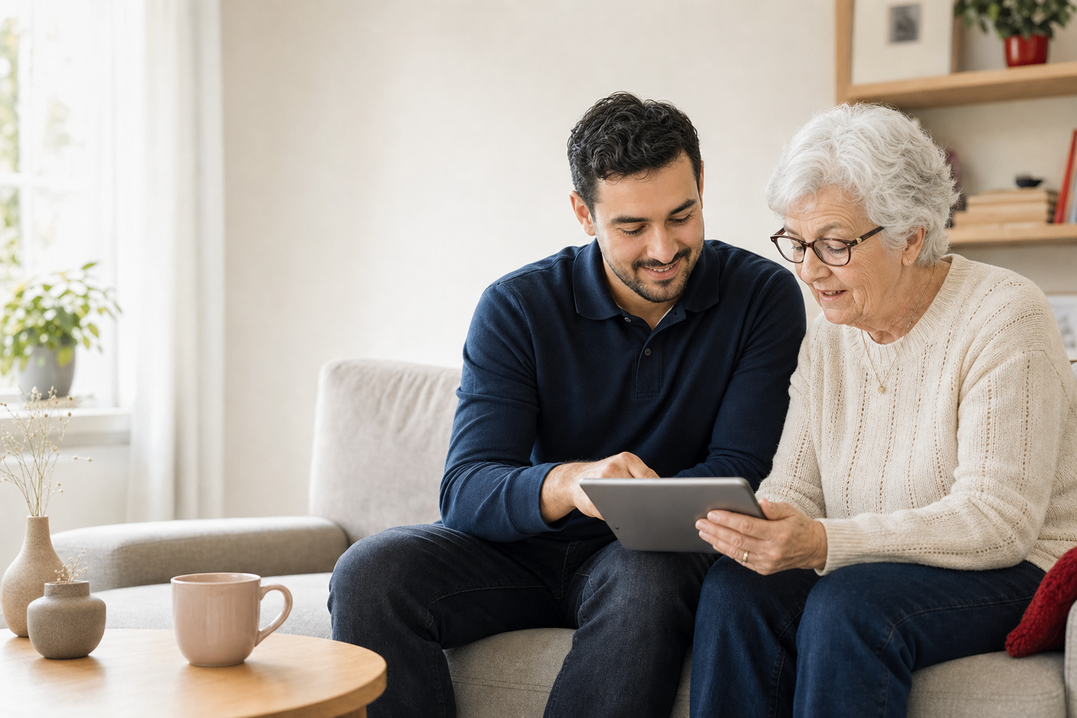 Een DigiMokum-hulpverlener helpt een oudere Amsterdammer met haar tablet
